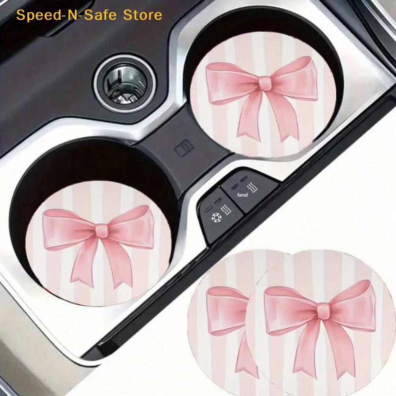 NonSlip Car Cup Mat Pink Bow Print Universal Coasters Set for Cute Vehicle Interior Styling
