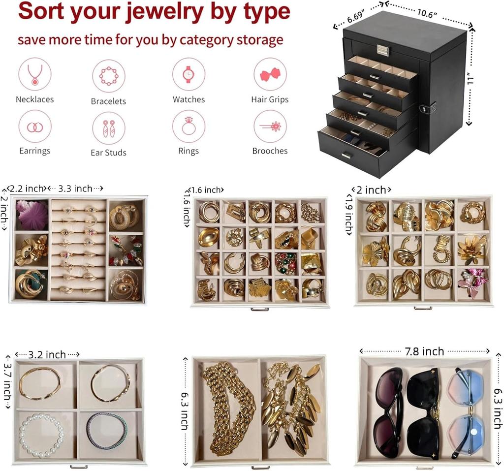 Шкатулка для украшений для женщин, 6-уровневый органайзер с зеркалом, запираемое хранилище, 5 выдвижных ящиков, держатель для ожерелий и серег (Серебристый / Черный)