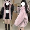 Женская зимняя ретро милая куртка с капюшоном и ушками кошки, двусторонняя, меховая, утепленная хлопком с плюшем