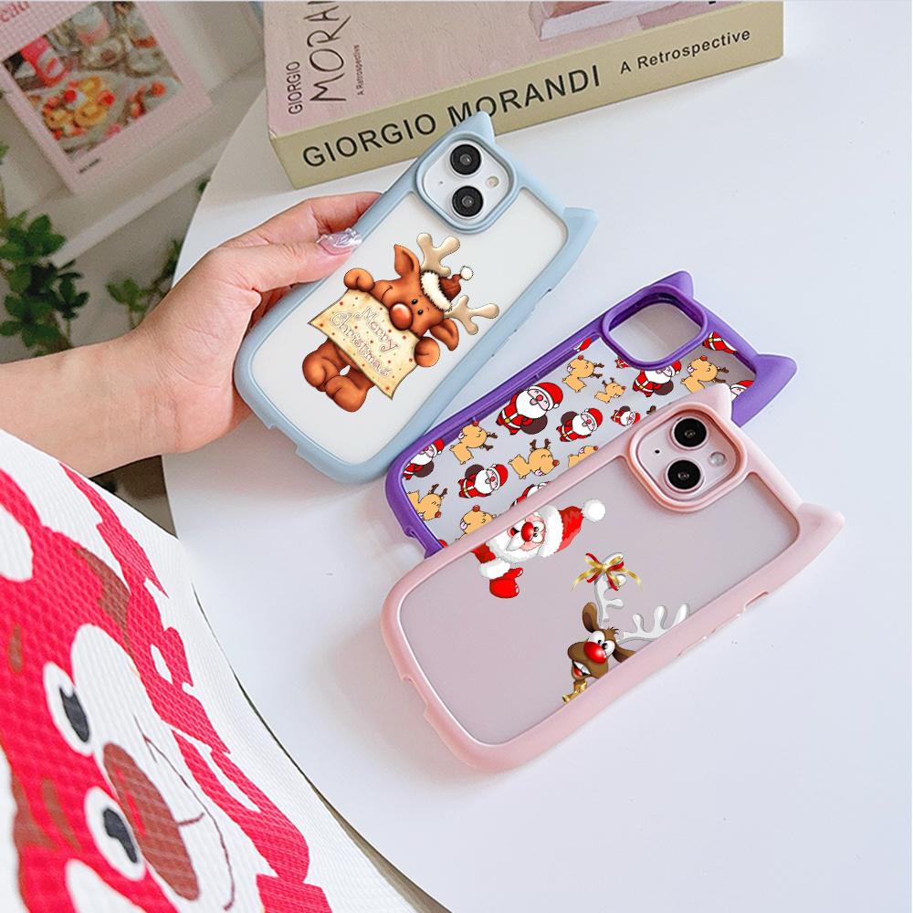 Мягкий чехол для телефона с кошачьими ушками для iPhone 16 15 14 13 12 11 Pro Max Plus XR X TPU Anti-Drop Прозрачная акриловая задняя крышка NY24 Новый год Счастливого Рождества арт