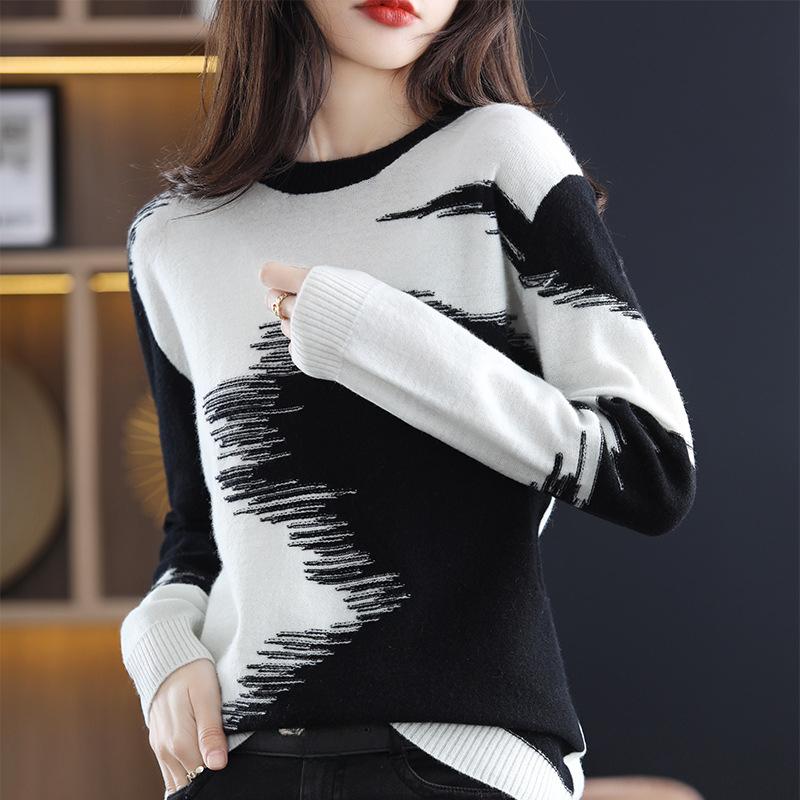 Круглый вырез контрастные свитера женские корейские свободный крой повседневный универсальный вязаный свитер модный пуловер топ
