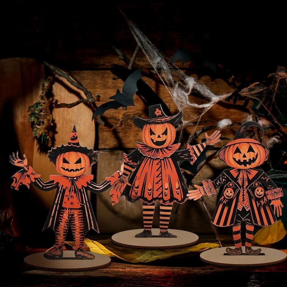 3Pcs 2D Flat Pumpkin Man Tabletop Decor Wooden Pumpkin Scarecrow Party Sign Tabletop Display