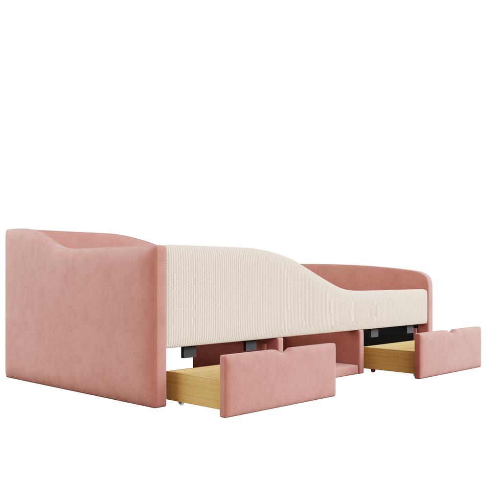 Upholstered Bed Sofa Bed,90*190cm,Multifunctional Bed,With Two Drawers and Guardrails,Skin-Friendly Velvet Fabric,without Mattress,Pink+Cream White