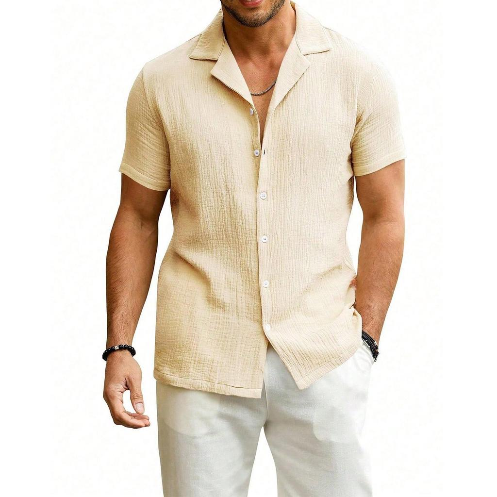 Мужская модная рубашка с воротником, однотонная, повседневная, с короткими рукавами