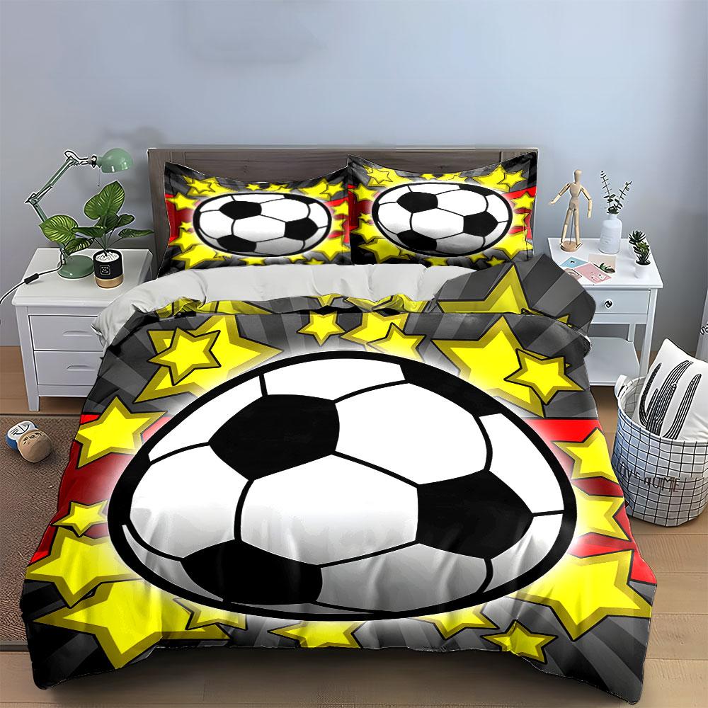 3Pcs Star Soccer Ball Bedding Set, Cartoon Football with Yellow Stars Print Duvet Cover + 2 Pillowcases, Kids Sports Decor