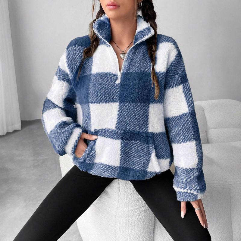 Womens Oversized Plaid Fleece-Lined Hoodie With Zipper Pocket Long Sleeve Casual Sweatshirt Fall Winter