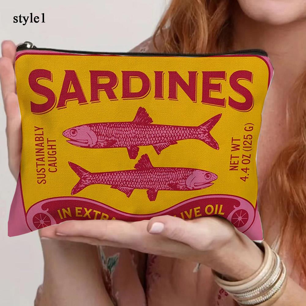 Vintage Sardines Pattern Makeup Bag With Zipper Lightweight Travel Cosmetic Organizer For Women Durable Storage Bag Change Purse