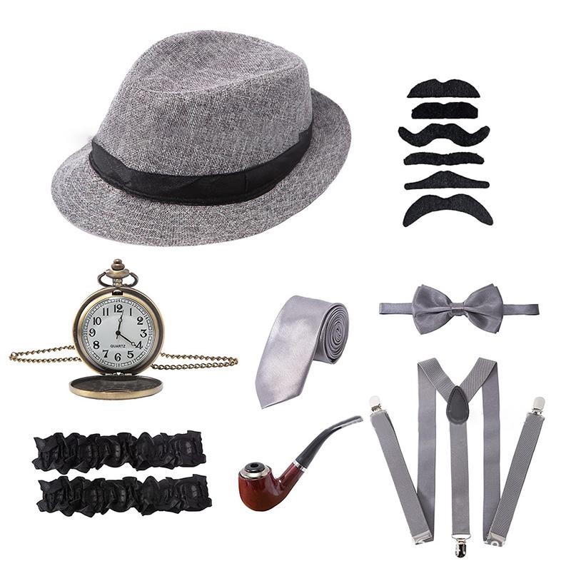 1Set 1920's Cosplay Costume Hat Pocket Watch Neck Tie Moustache Bowtie Gatsby Masquerade Accessories