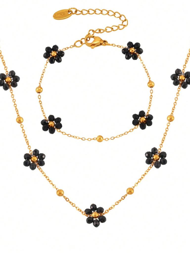 1 Набор Винтажный Британский Стиль Нержавеющая Сталь Циркониевый Набор с Бусинами из Натурального Камня и Цветочным Декором, Женский Циркониевый Подарок