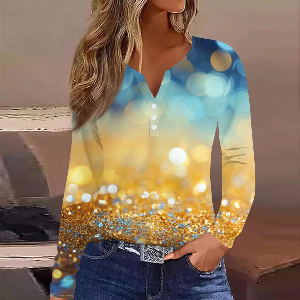 Жен. Футболка Футболка На пуговицах С принтом Длинный рукав Повседневные Выходные Мода Классический V-образный вырез Обычный Топ