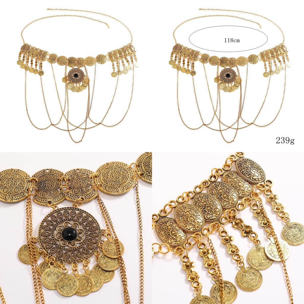 Metal Antique Gold Carved Waist Chain Women Accessory With Elements Tassel