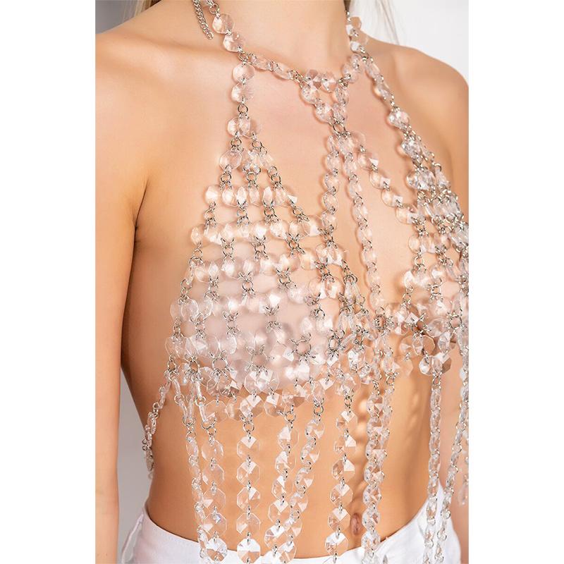 Women Halter Acrylic Crystal Adjustable Tassel Top Sexy Drip Clear Warrior Bra Body Chain