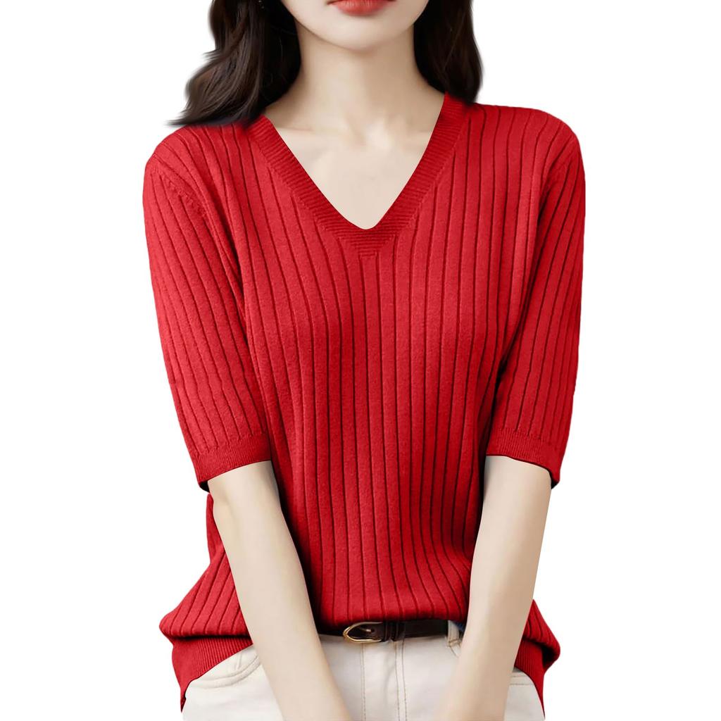 Женская мода свободный трикотажный свитер нижняя часть рубашки V-образный вырез пуловер короткий рукав однотонный топ
