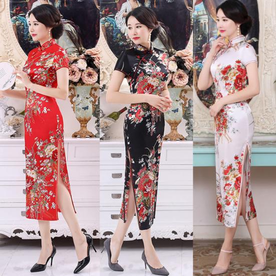 Женское платье Cheongsam с коротким рукавом и цветочным принтом в китайском стиле