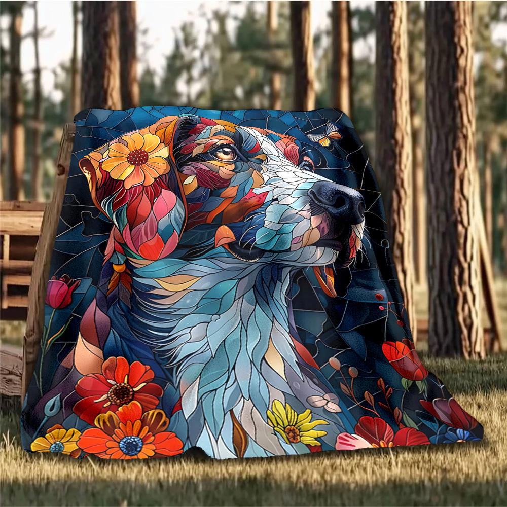 1pc Stained Glass Dog Outdoor Flannel Blanket, Cozy & Warm Soft Te Playful Design, Napping Camping,
