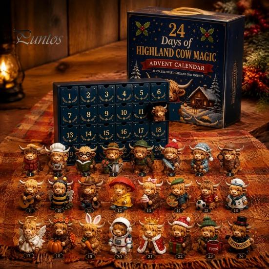 Retro Style Ornament Collection 24 Days of Highland Cow Magic Advent Calendar, Unique Mini Farmhouse Holiday Ornaments Figures, Decor, Christmas