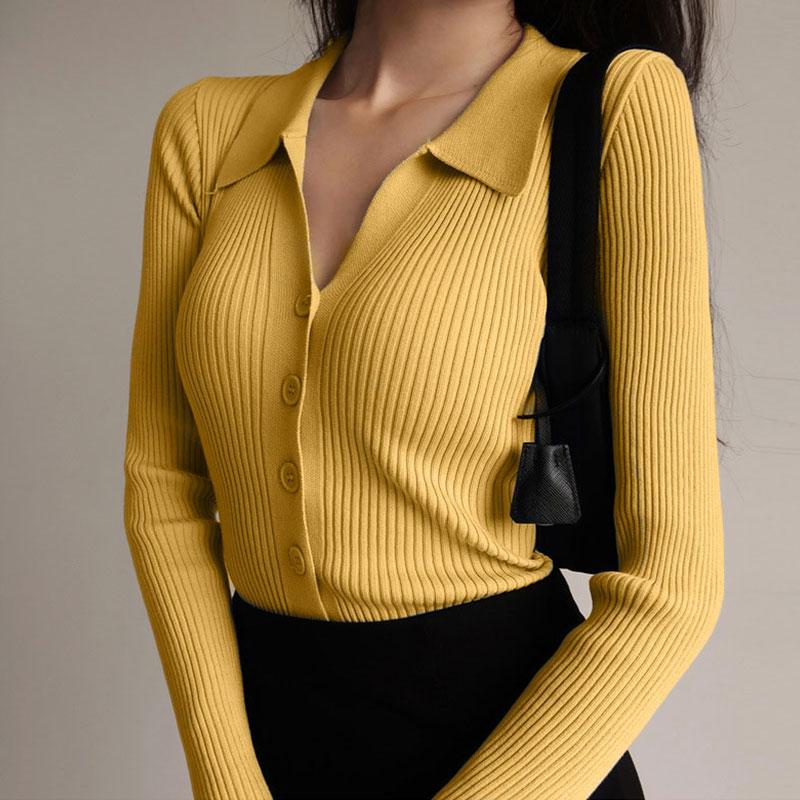 POLO Neck свитера женские весна осень рубашка длинный рукав короткий отложной воротник полые пуговицы трикотажные топы сплошной один размер