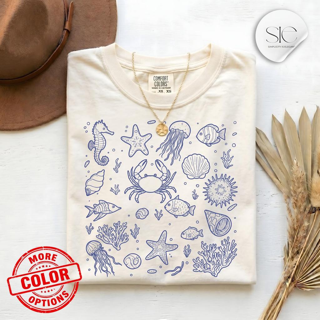 Ocean Marine Life Shirt, Summer Beach Tee, Comfort Colors Minimalist Coastal Top, Cute Sea Lover Gift for Her