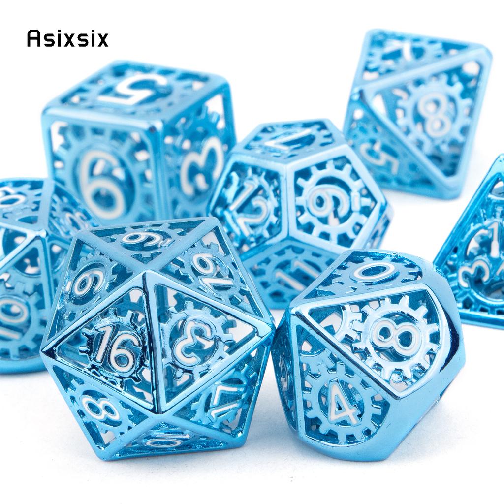 7 Pcs Blue White Gear Wheel Metal Dice Hollow Metal Polyhedral Dice Set Suitable for Role-Playing RPG Board Game Card Game
