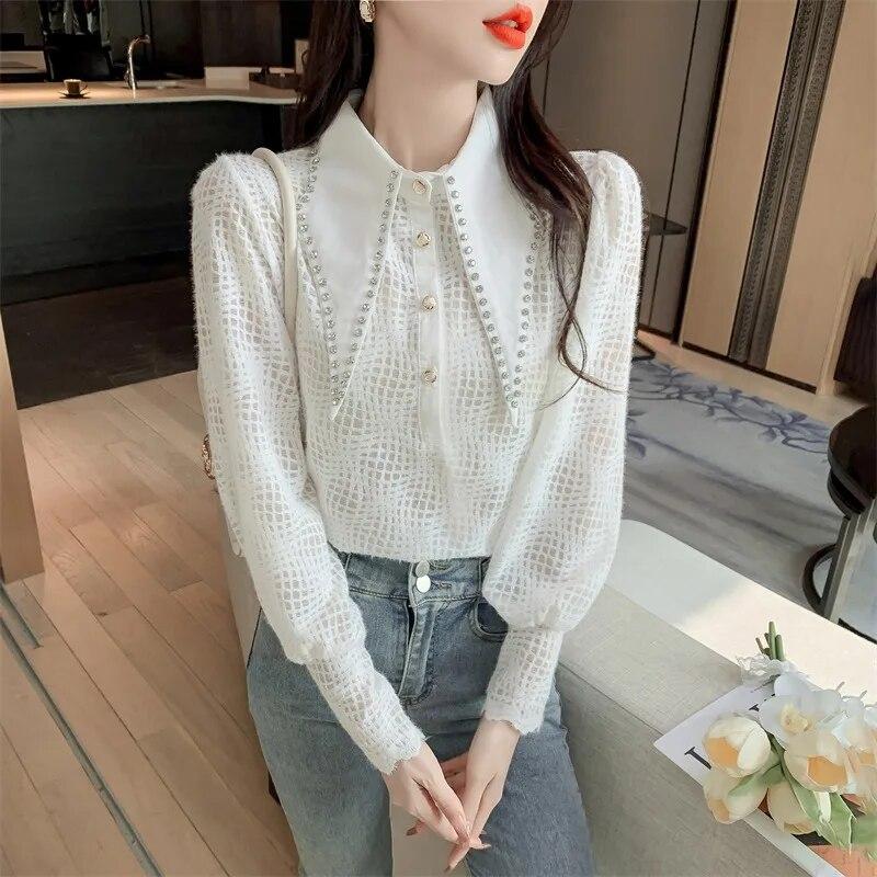 Осенние простые белые топы с бисером, ажурная кружевная рубашка, модная блузка с длинными рукавами и фонариком, элегантная одежда, темперамент, Blusas 29530