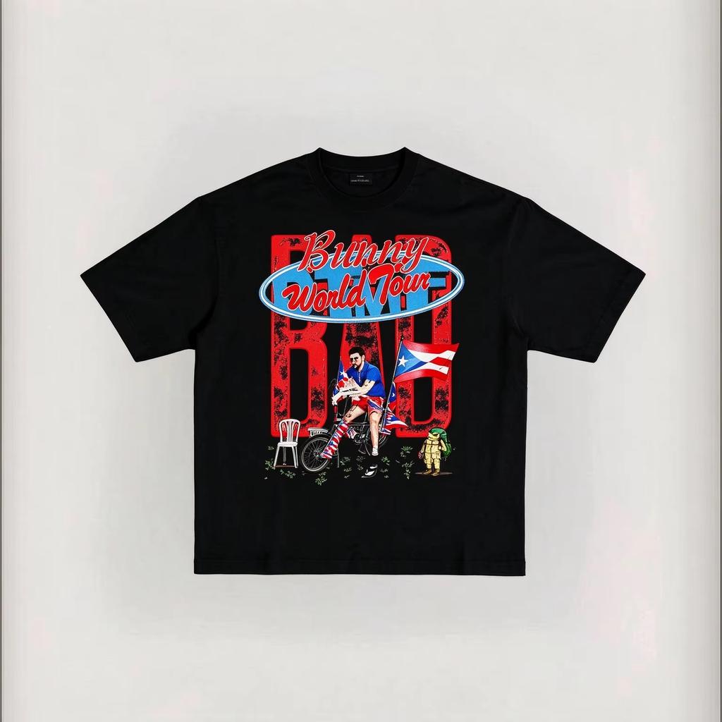 Bad Bunny World Tour Graphic T Shirt Men Women Vintage Puerto Rico Flag Bike Print T-shirt Hip Hop Streetwear Oversized T-shirt