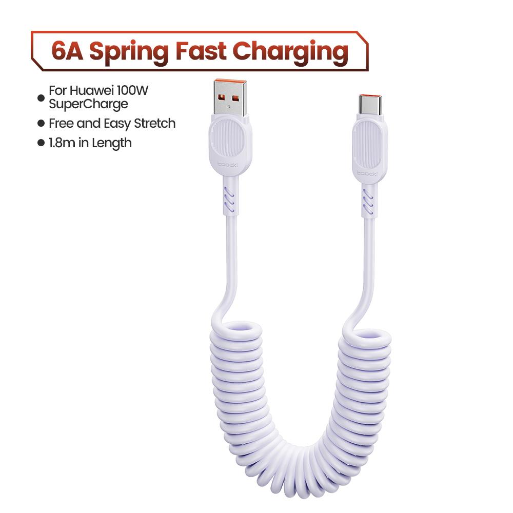 Toocki 6A TPU Spring USB C Cable for Huawei Xiaomi PD Fast Charging Retractable USB to Type C Cable for iPhone 15 USB Data Cord
