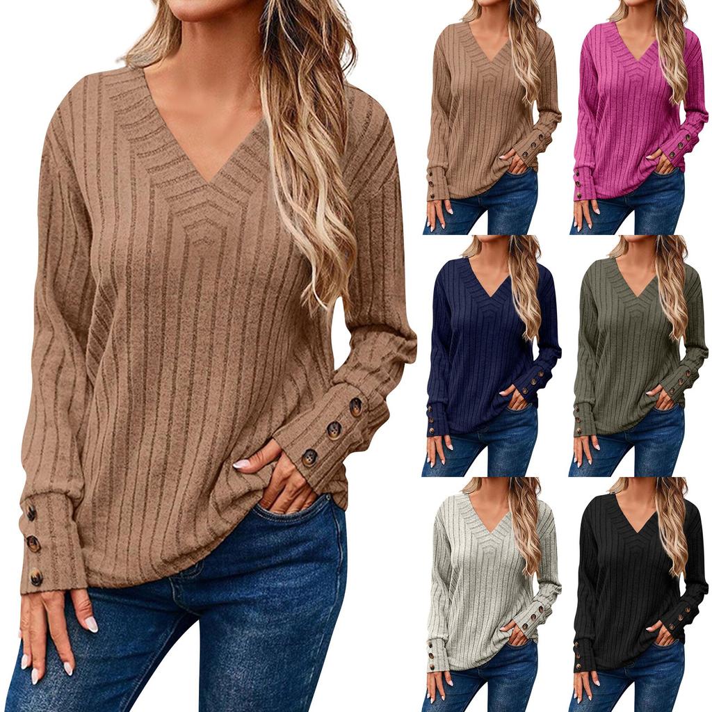 Women's Fashion Long Sleeve V-Neck T-Shirt Solid Color Button Decoration Top