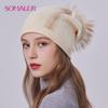 Winter Knit Beanie with Real Big Fur Pompom for Women Warm Wool Hats with Decoration Fashion Knitted Skull Caps
