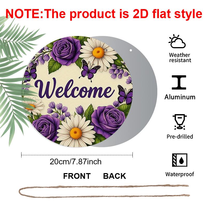 2D Flat 1pc, 8x8 in Printed Artwork, Welcome Wreath Butterfly Round Aluminum Metal Sign, Wall Home Room Farmhouse Home Street, Shop, Garage, Farm