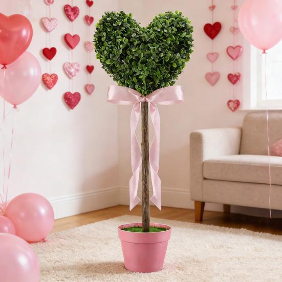 1/2Pcs Artificial Heart Topiary Tree Love Heart Topiary Stake with Rainbow Bow Indoor Outdoor Garden Porch Faux Shrubs Plants Decoration