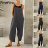 FiveFive Women Big Size Cotton Linen Trousers Bib Pants Suspender Overalls Nine Pants Solid Color Casual Rompers Plus Size XS-5XL