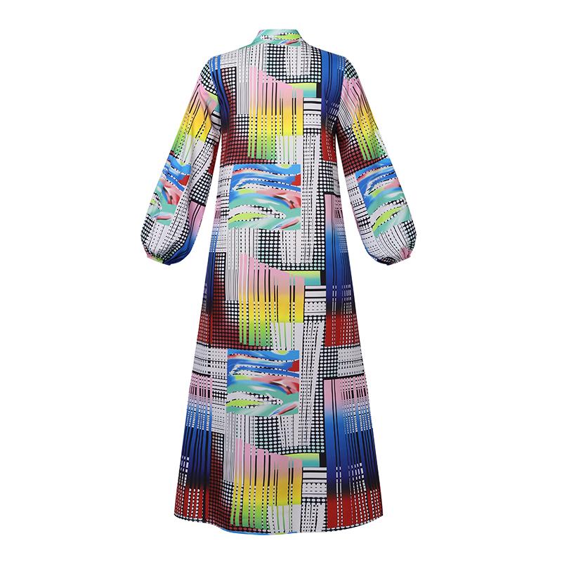 Women's Plus Size Shirt Collar Puff Long Sleeve Printed Loose Dress