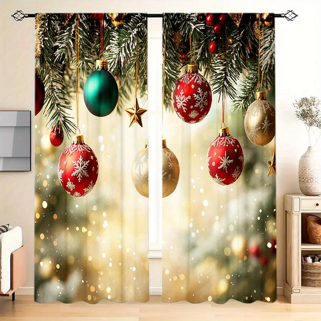 2pcs Luxurious Christmas Lights Print Curtains Set Semi-Sheer Polyester With Rod Pocket For Easy Hanging For Bedroom Living Room