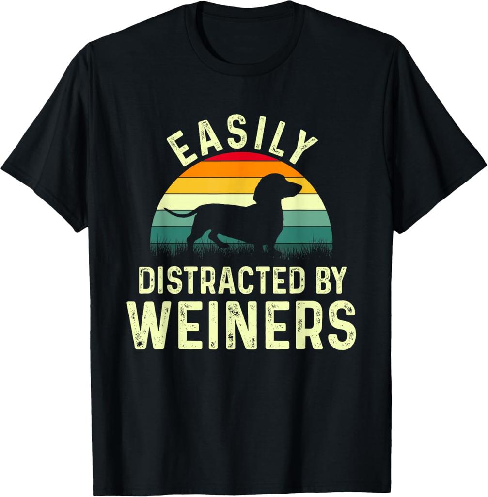 Easily Distracted By Weiners Dachshund Silhouette Unisexs Graphic TShirt Casual Cotton Tee