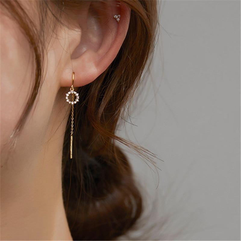 925 Sterling Silver Crystal Round Long Chain Stud Earring For Women Girls Wedding Jewelry Pendientes Accessories Eh1426