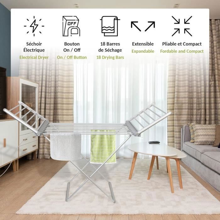 Étendoir À Linge Electrique Pliable En Aluminium - Sèche Serviette Salle De Bain Chauffant 18 Barres - 230 W - 145Cm - Alum[H985]