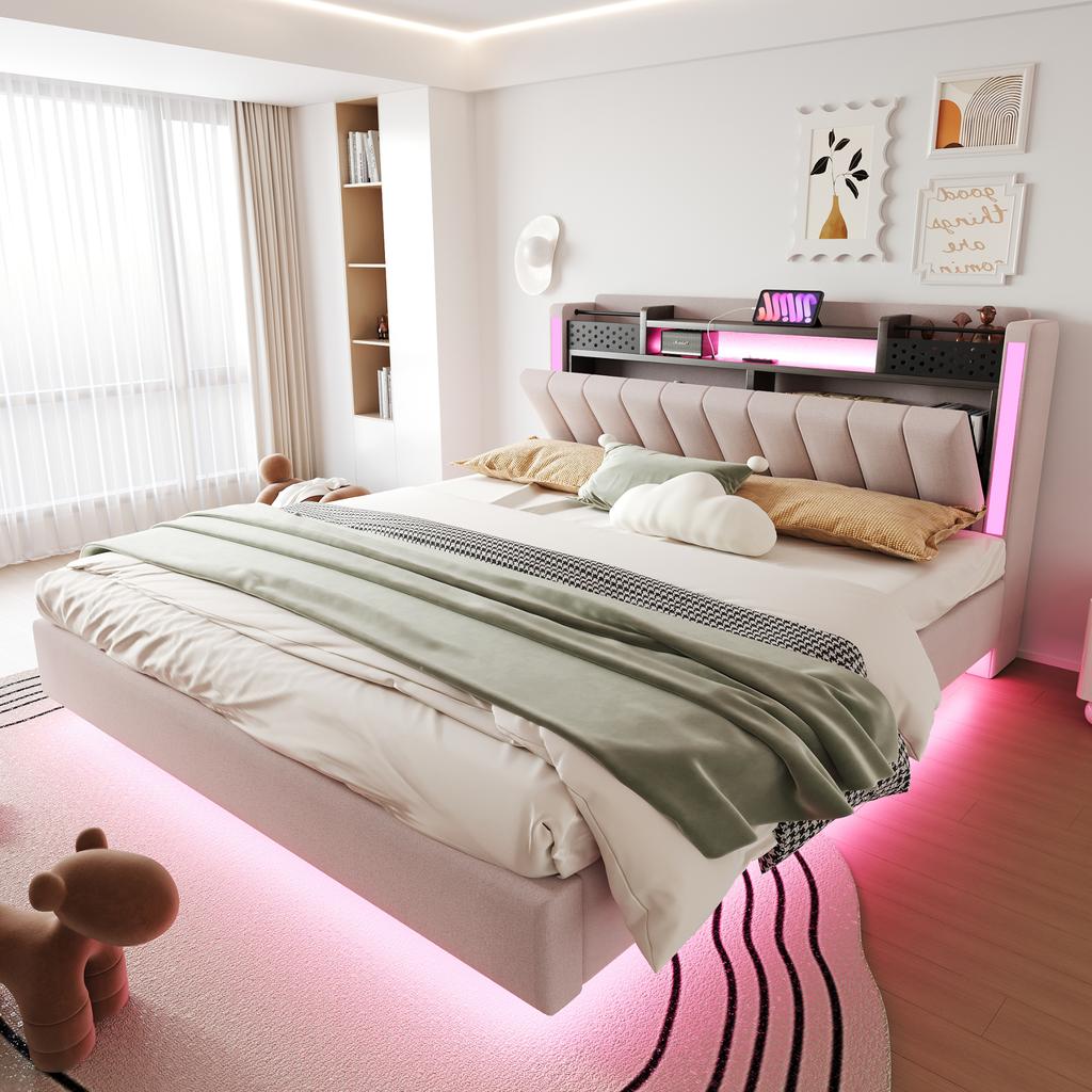 Upholstered Bed 160*200 with LED Lighting and USB Socket, Headboard with Storage Space, Floating Bed Youth Bed Adult Bed, Linen Fabric, Beige