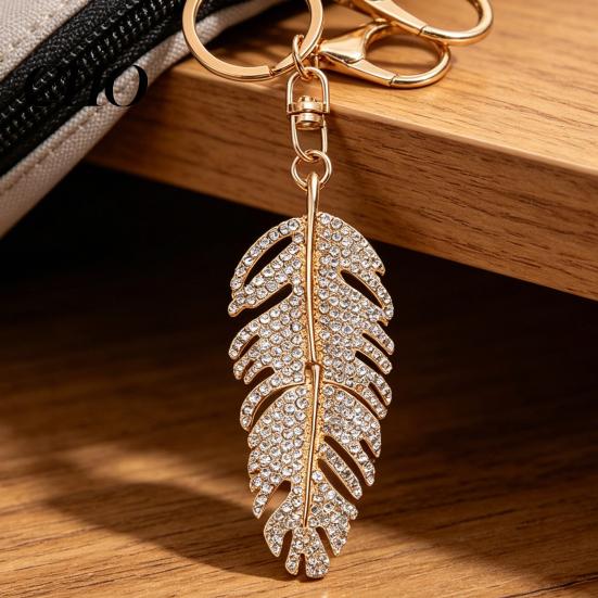 Rhinestones Inlay Keychain Pendant Inlaid Feather Shape Key Chain Hollow Glossy with Anti-Oxidation Lobster Clasp Backpack Bag Accessory Durable Metal
