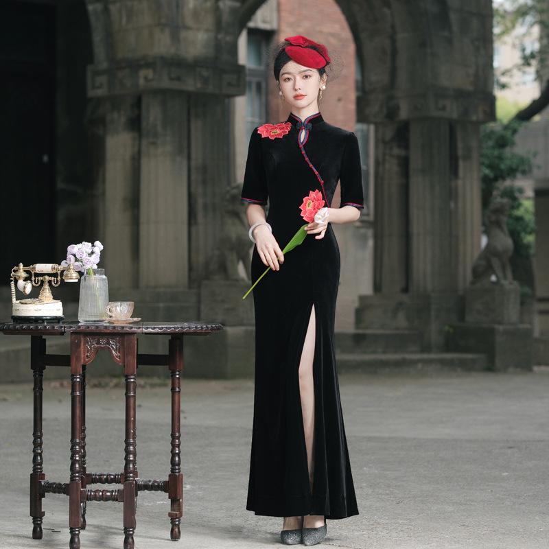 1011 new performance cheongsam navy blue fashionable young new Chinese cheongsam dress performance clothes extended large size