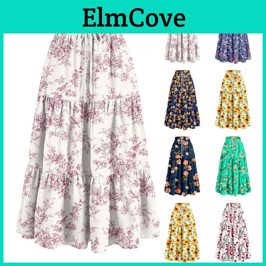 Womens Casual Ruffled Long Spring Skirt Plain Color Skirt Retro Pleated Skirt