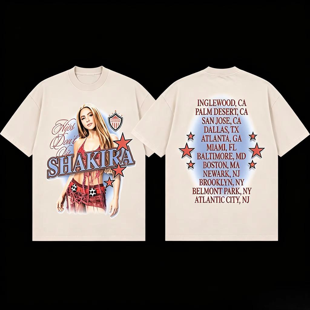 2026 Shakira Las Mujeres Ya No Lloran Tour Double Sided Oversized Cotton T-shirt Y2K Men Women Gothic Cotton Oversized T-shirts