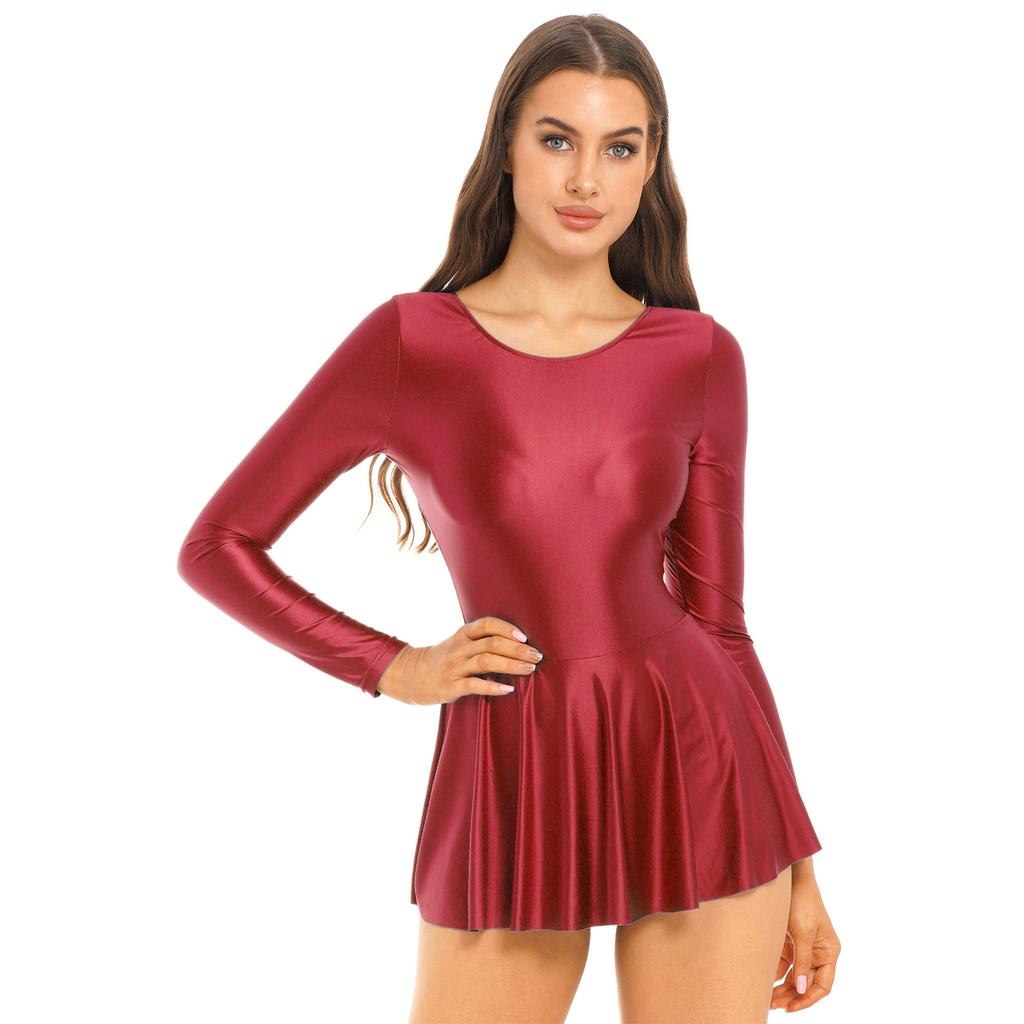 Woman Dance Gymnastics Skirted Leotard Dress Long Sleeve Sports Dance Party Mini Dress Swim Dresses