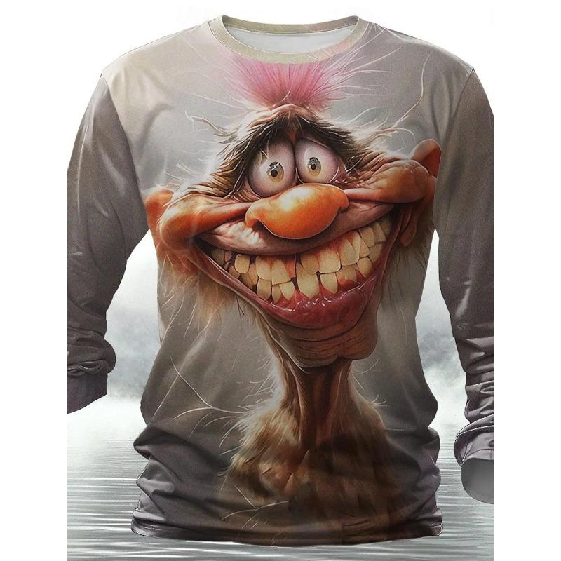 Funny Animal T-Shirts Retro Men 3D Printing Street Casual Daily Gray Long Sleeved Round Neck Shirt Spring and Autumn Clothing
