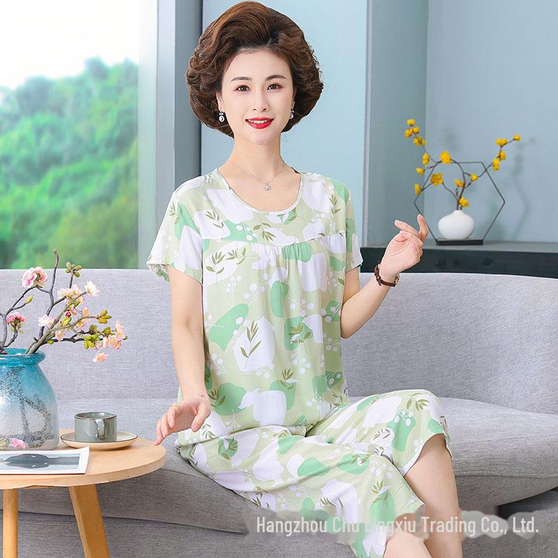 Женский летний пижамный комплект из хлопкового шелка - комплект из двух предметов с короткими рукавами для матерей среднего и пожилого возраста, подходит для ношения в помещении и на улице