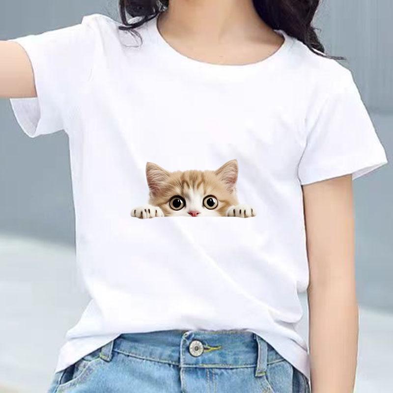 Kids Cotton T Shirt Peeking Orange Kitten Cat Print Crew Neck Short Sleeve Tee Casual Breathable Boys Girls Summer Tops