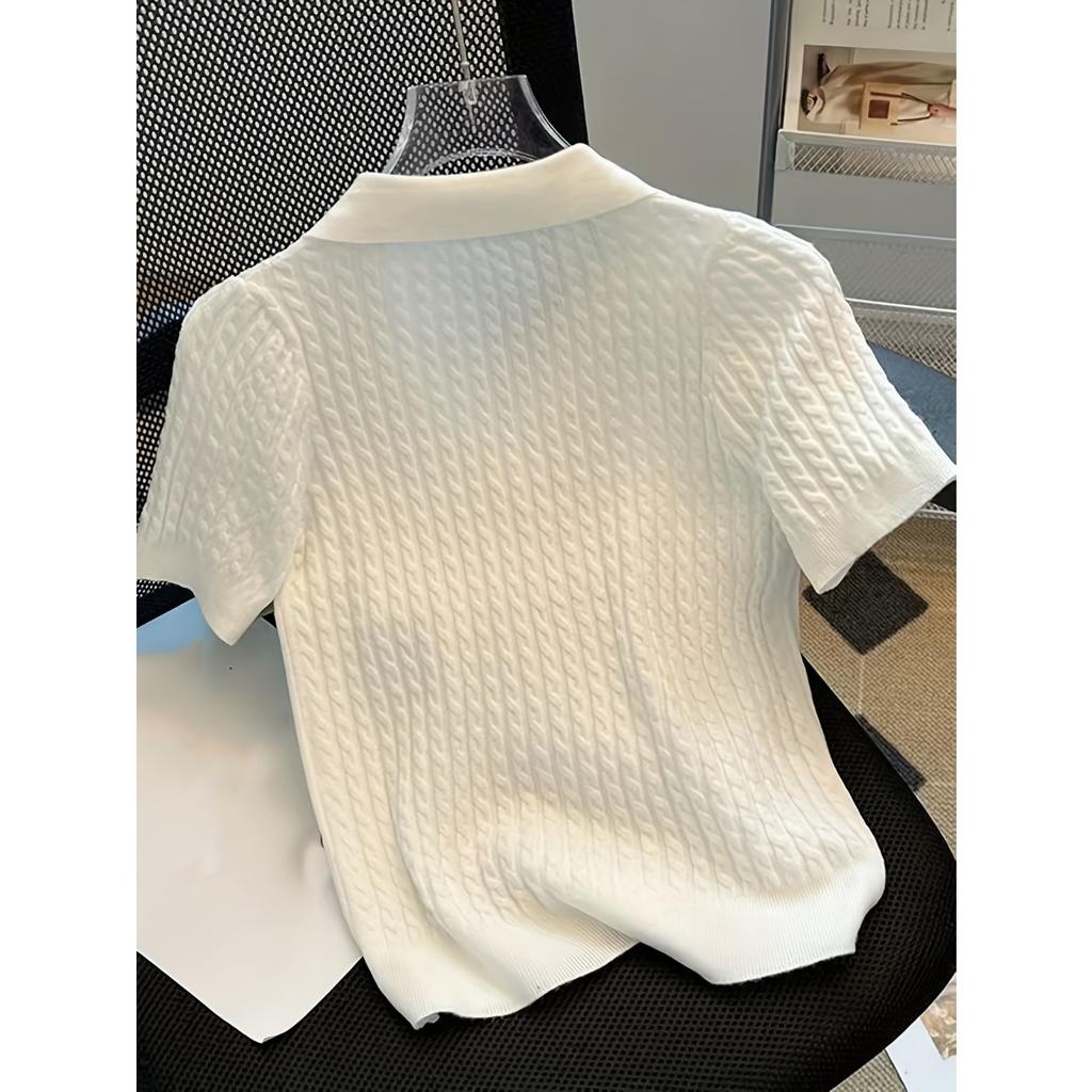 Temperament Lapel Ice Silk Knit Top Летняя свободная тонкая футболка с короткими рукавами
