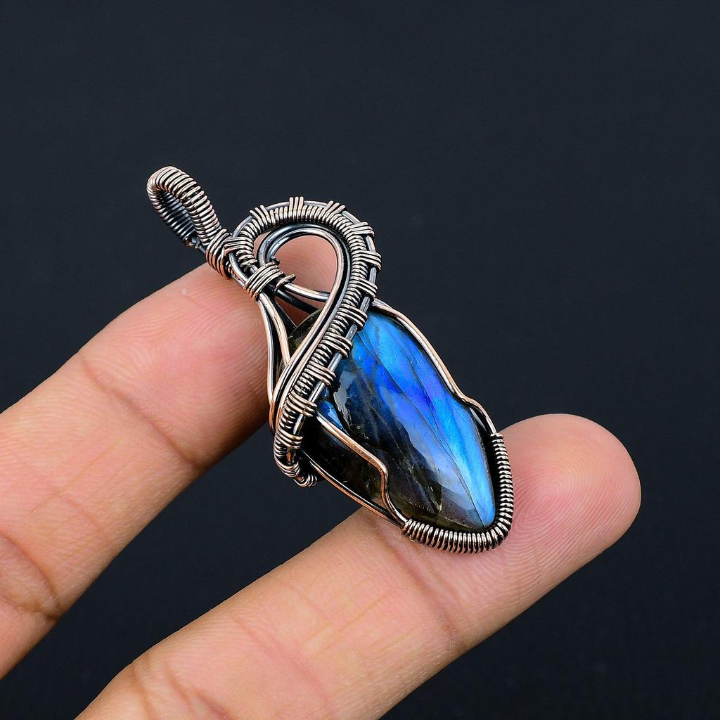 Labradorite Pendant, Handmade Gemstone 999 Copper Wire Wrapped Pendant Antique Jewelry, For Gift Silver Jewelry