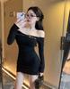Sexy one-word collar long-sleeved dress with exposed collarbone, female autumn spice girl waist-wrapped hip skirt, tight pleated one-step short skirt