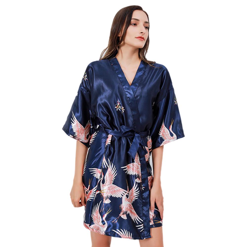 Puntos Summer Ice Silk Fabric Women Lady Nightgown Flower Print Short Bathrobe