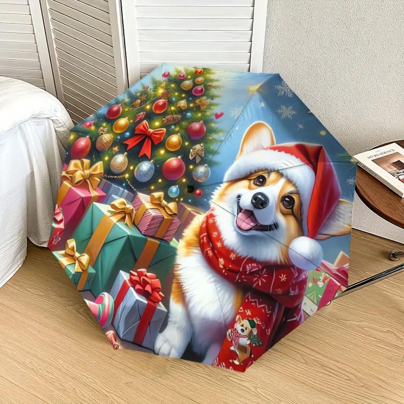 1pc Christmas Corgi Celebration Umbrella with Plastic Handle,Suitable for All Seasons Home Travel Outdoor UmbrellaDD223